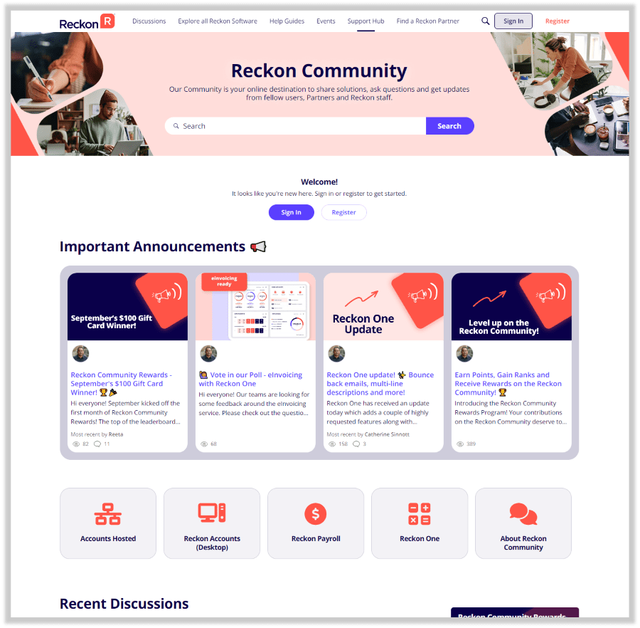 Online community examples branding: Reckon community